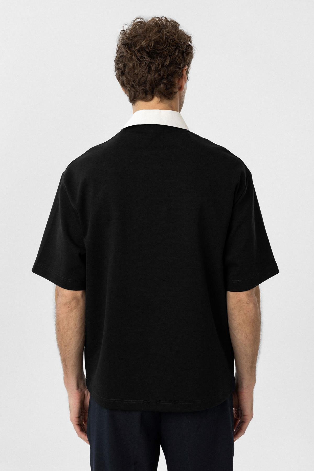 Antioch Siyah Kontrast Yaka İnterlok Dokulu Erkek T-Shirt