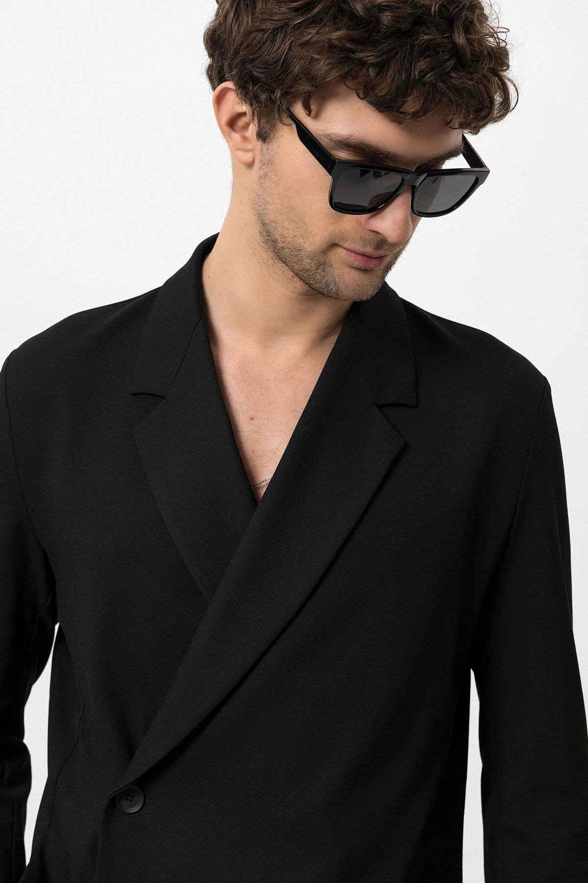 Antioch Siyah Kruvaze Kapama Gizli Cep Erkek Blazer Ceket
