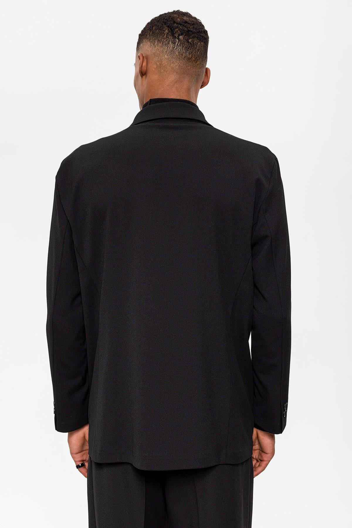 Antioch Siyah Kruvaze Kapama Gizli Cep Erkek Blazer Ceket