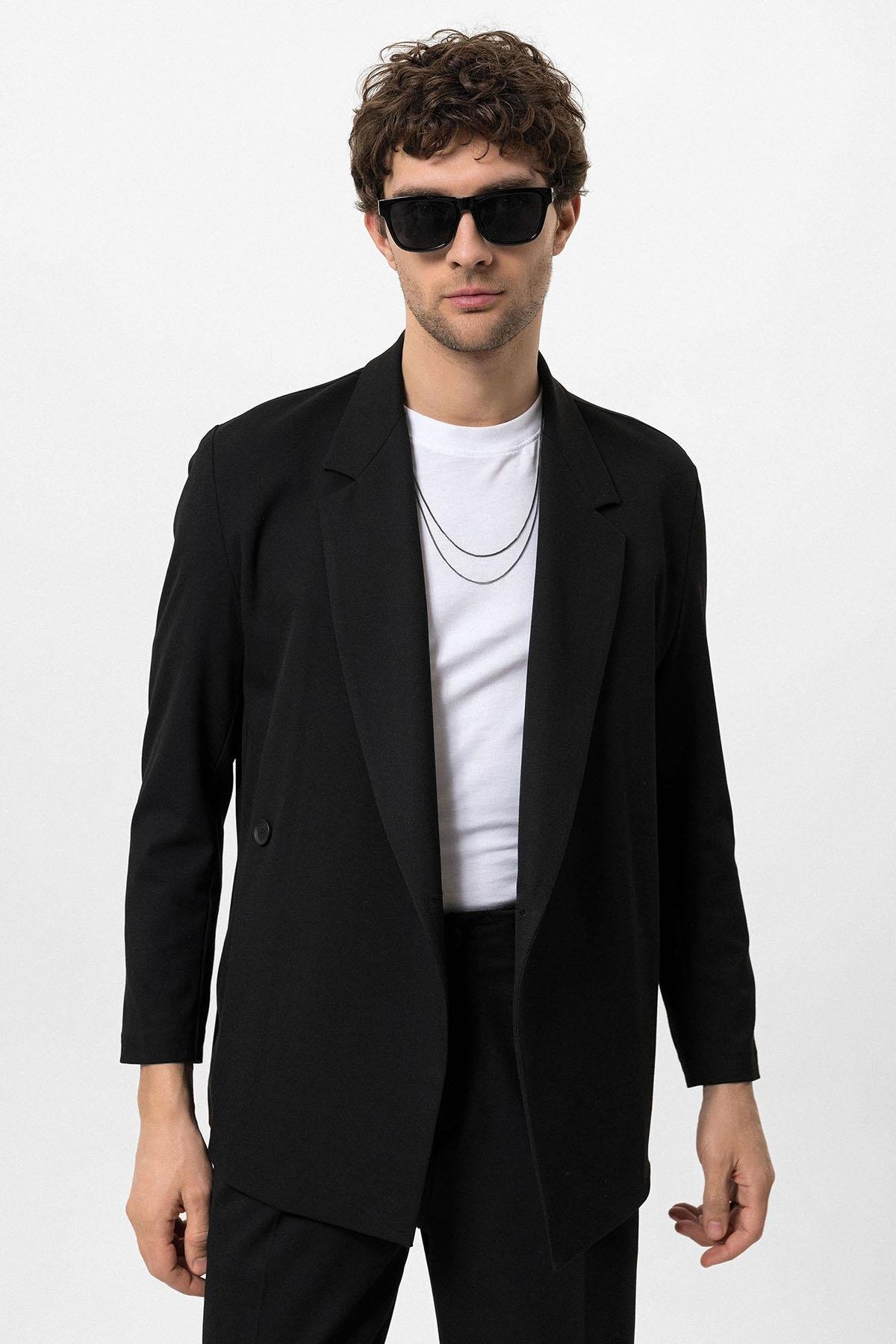 Antioch Siyah Kruvaze Kapama Gizli Cep Erkek Blazer Ceket