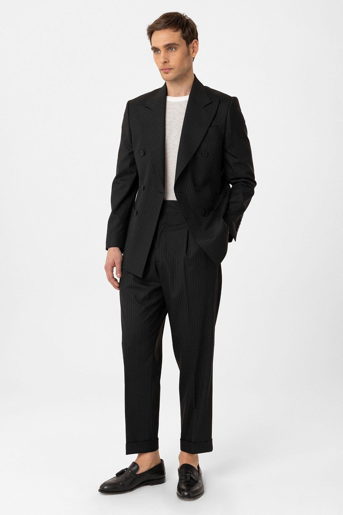 Antioch Siyah Kruvaze Kapama İtalyan Kesim Yün Karışımlı Çizgili Erkek Teknik Takım