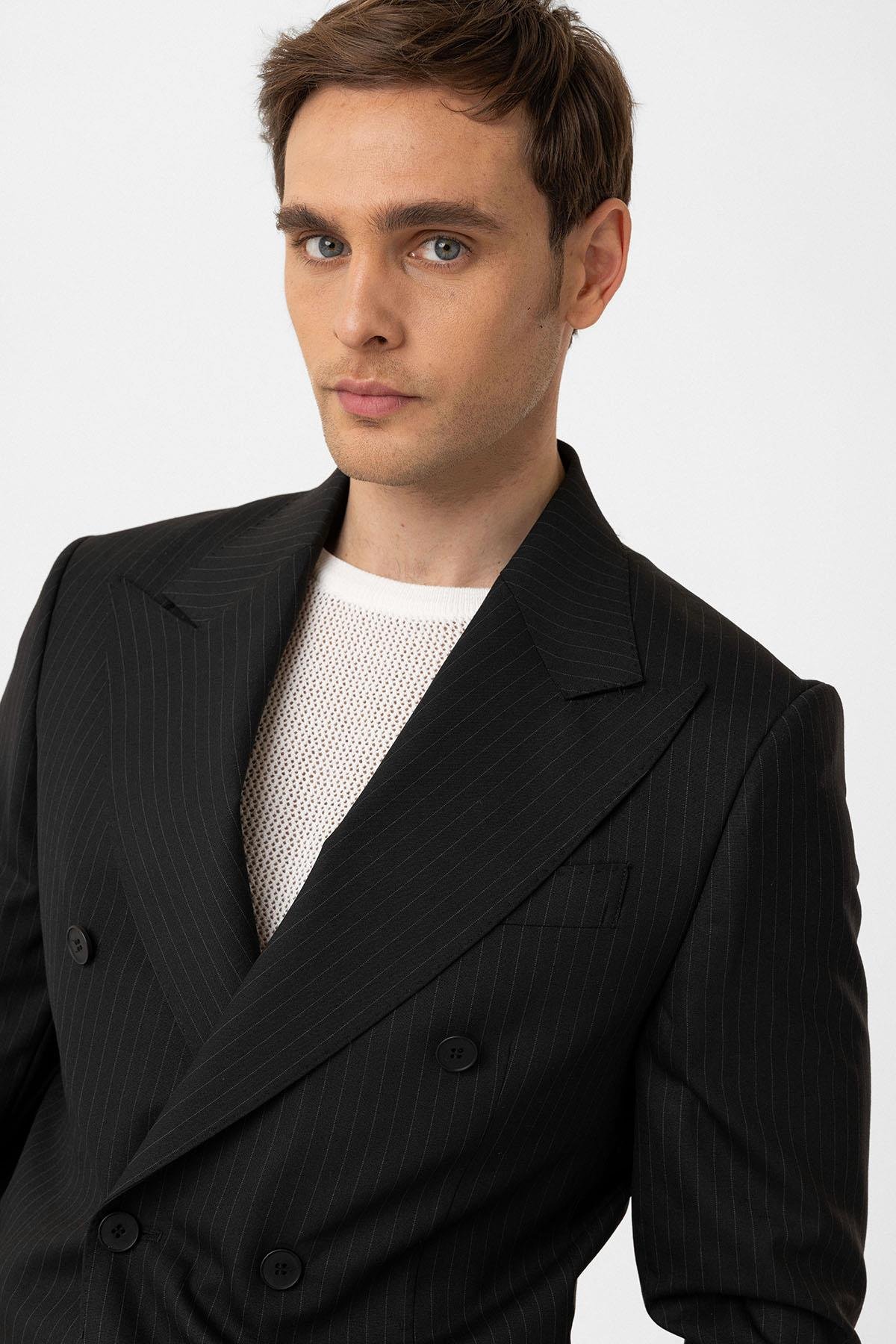 Antioch Siyah Kruvaze Kapama İtalyan Kesim Yün Karışımlı Çizgili Erkek Teknik Takım