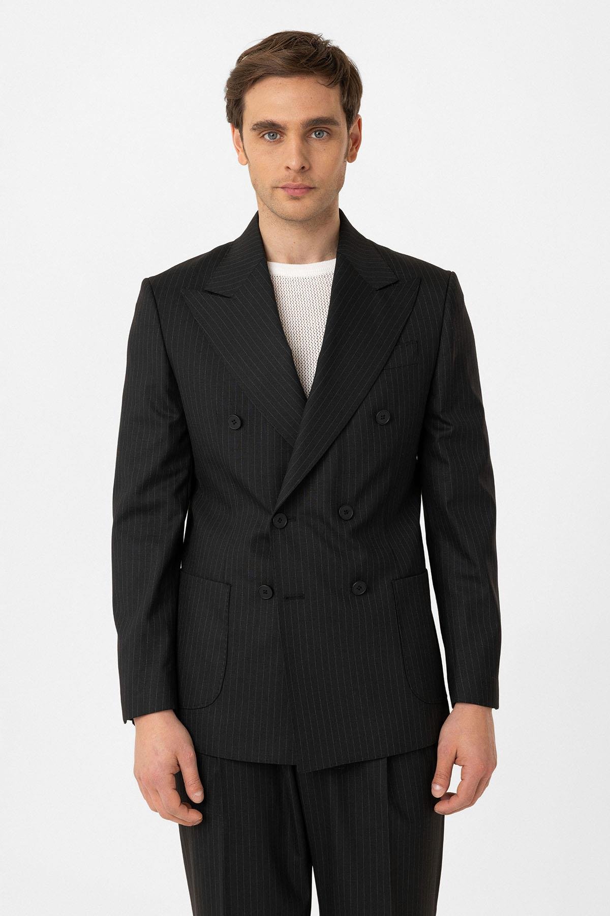 Antioch Siyah Kruvaze Kapama İtalyan Kesim Yün Karışımlı Çizgili Erkek Teknik Takım