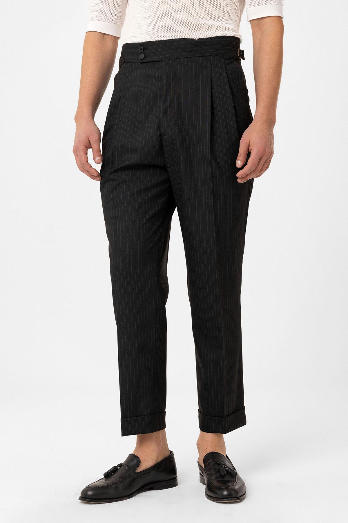 Antioch Siyah Kruvaze Kapama İtalyan Kesim Yün Karışımlı Çizgili Erkek Teknik Takım