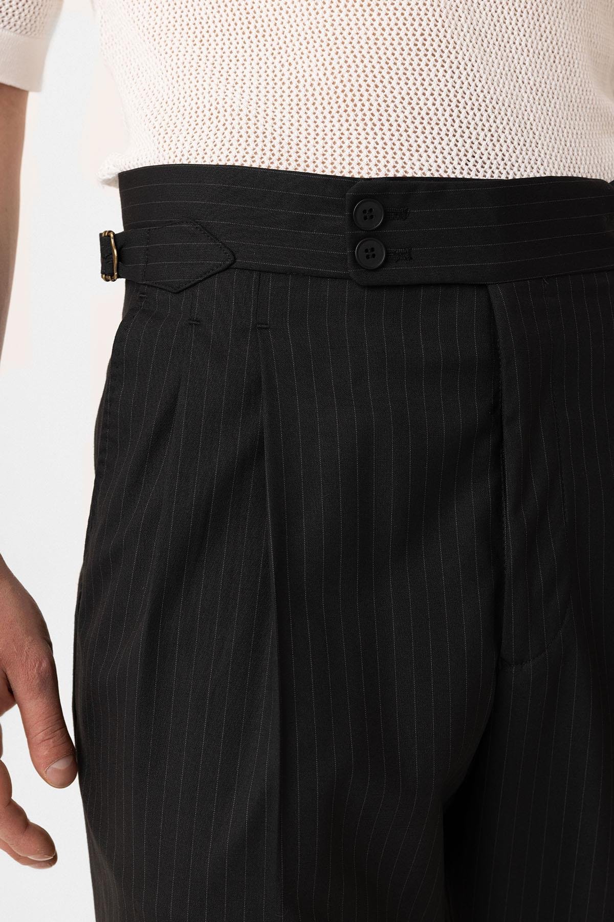 Antioch Siyah Kruvaze Kapama İtalyan Kesim Yün Karışımlı Çizgili Erkek Teknik Takım