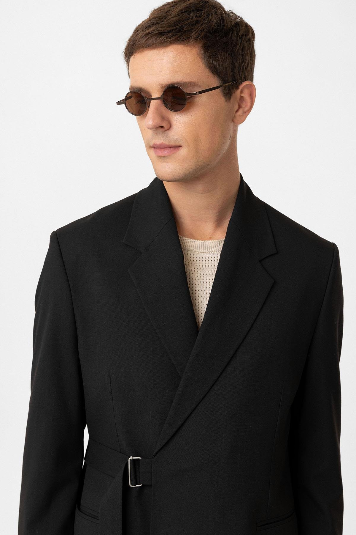 Antioch Siyah Kuşaklı Relax Fit Erkek Blazer Ceket