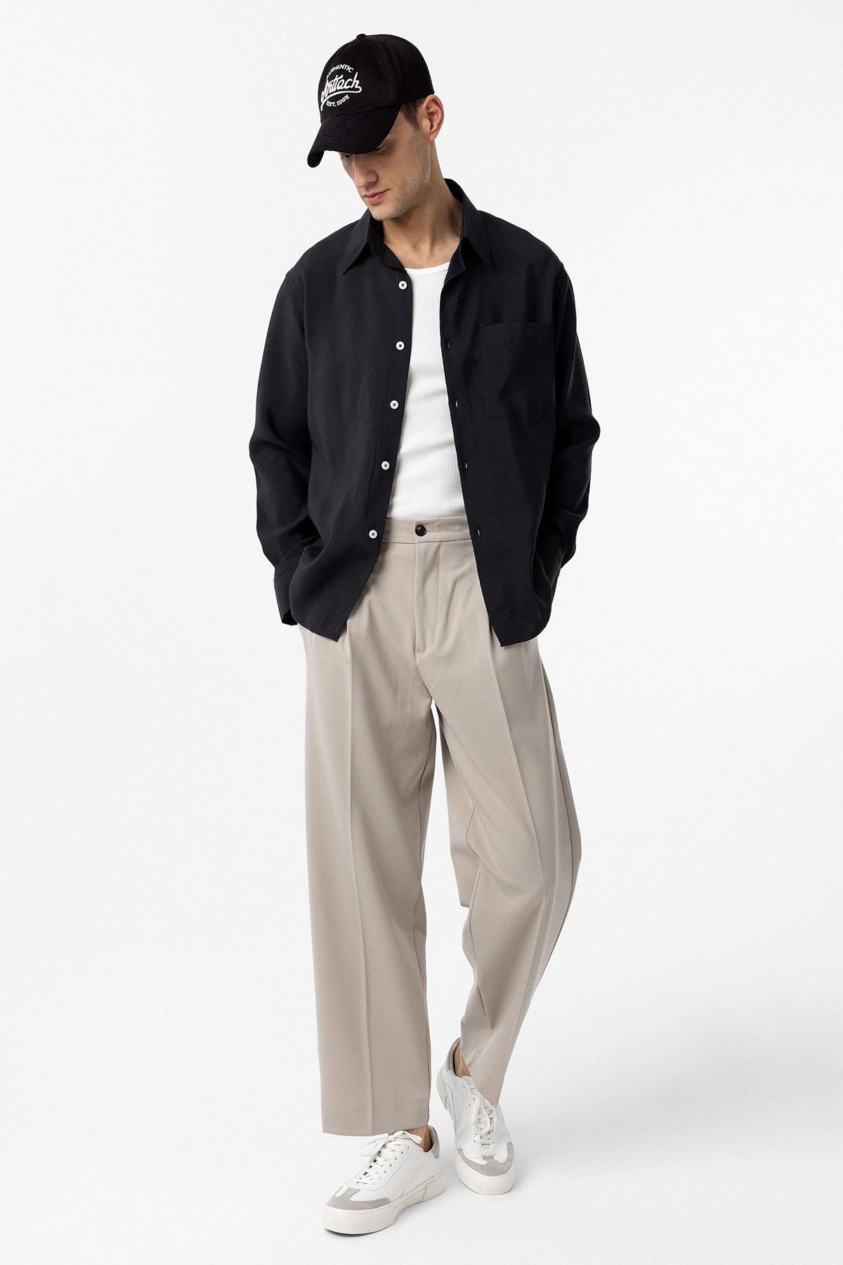 Antioch Siyah Modal Kumaş Relax Fit Erkek Gömlek