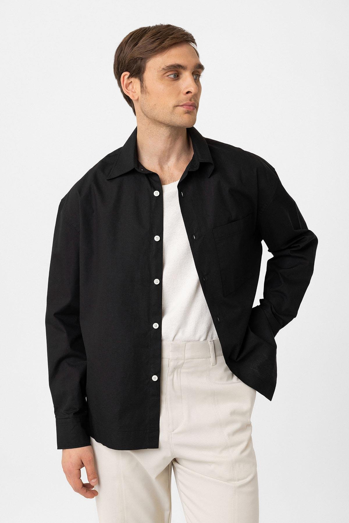 Antioch Siyah Pamuklu Relaxed Erkek Gömlek