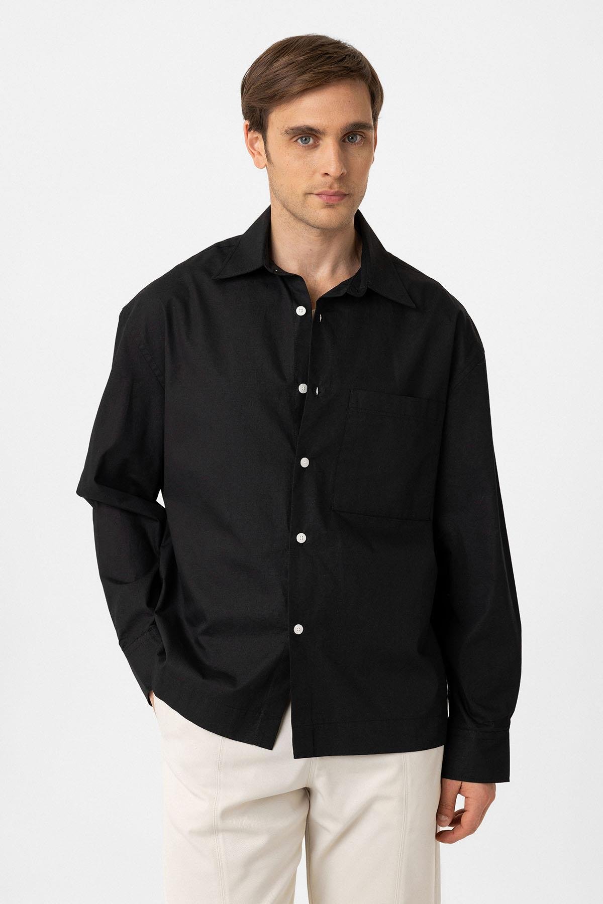 Antioch Siyah Pamuklu Relaxed Erkek Gömlek