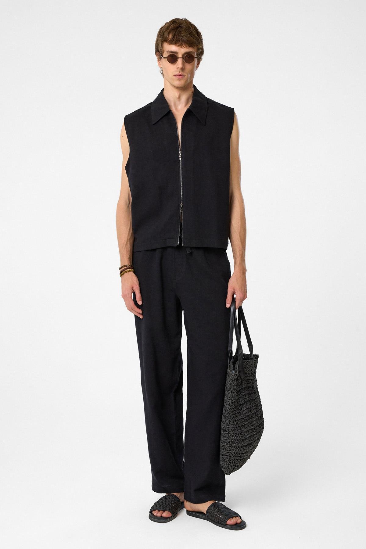 Antioch Siyah Polo Yaka Dokulu Erkek Yelek