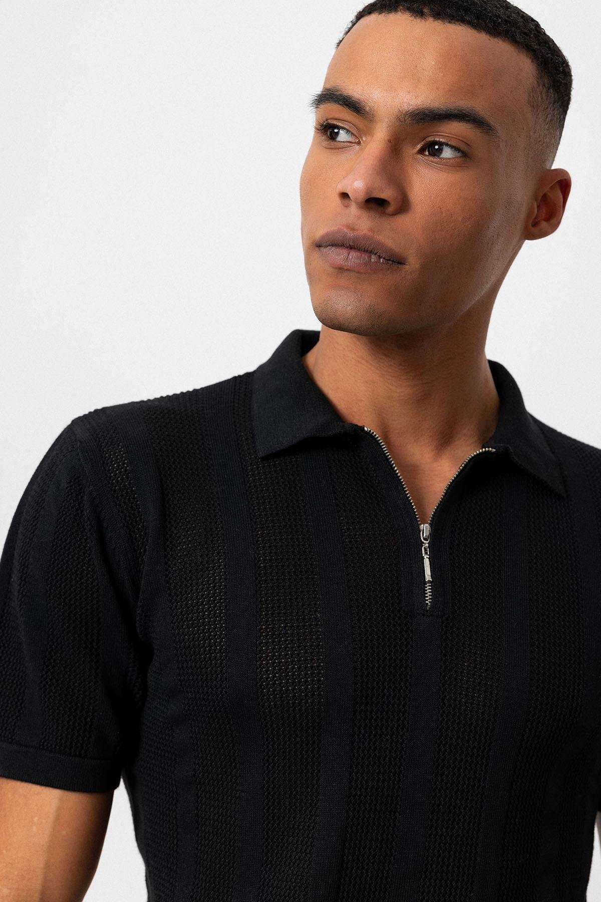 Antioch Siyah Polo Yaka Fermuarlı Örme Erkek T-Shirt