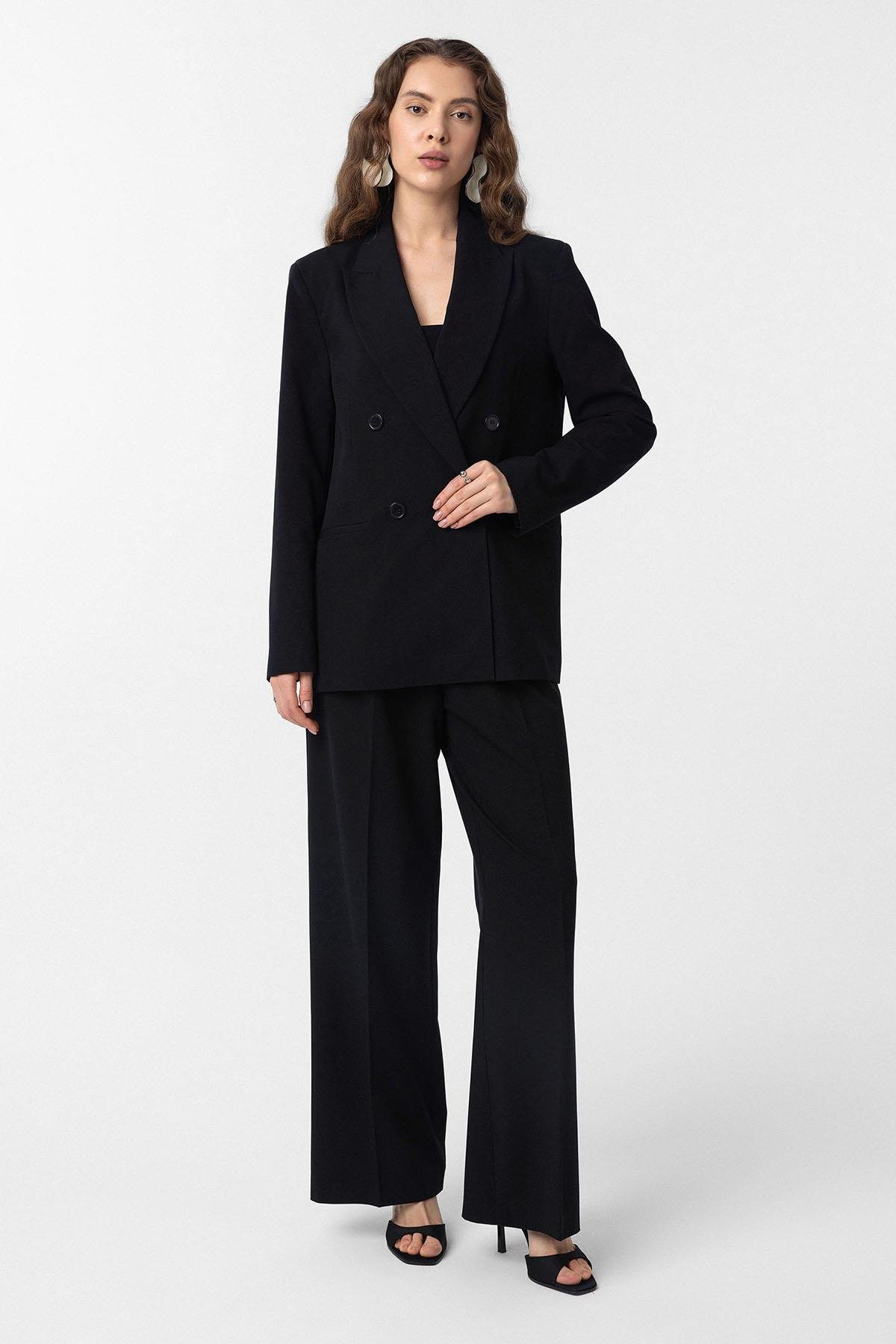 Antioch Siyah Regular Fit Kruvaze Kadın Blazer Ceket