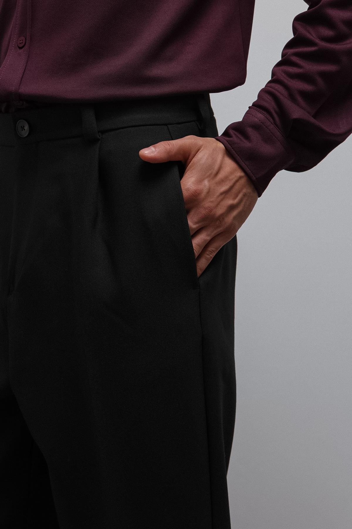 Antioch Siyah Relax Fit Baggy Pilili Erkek Pantolon