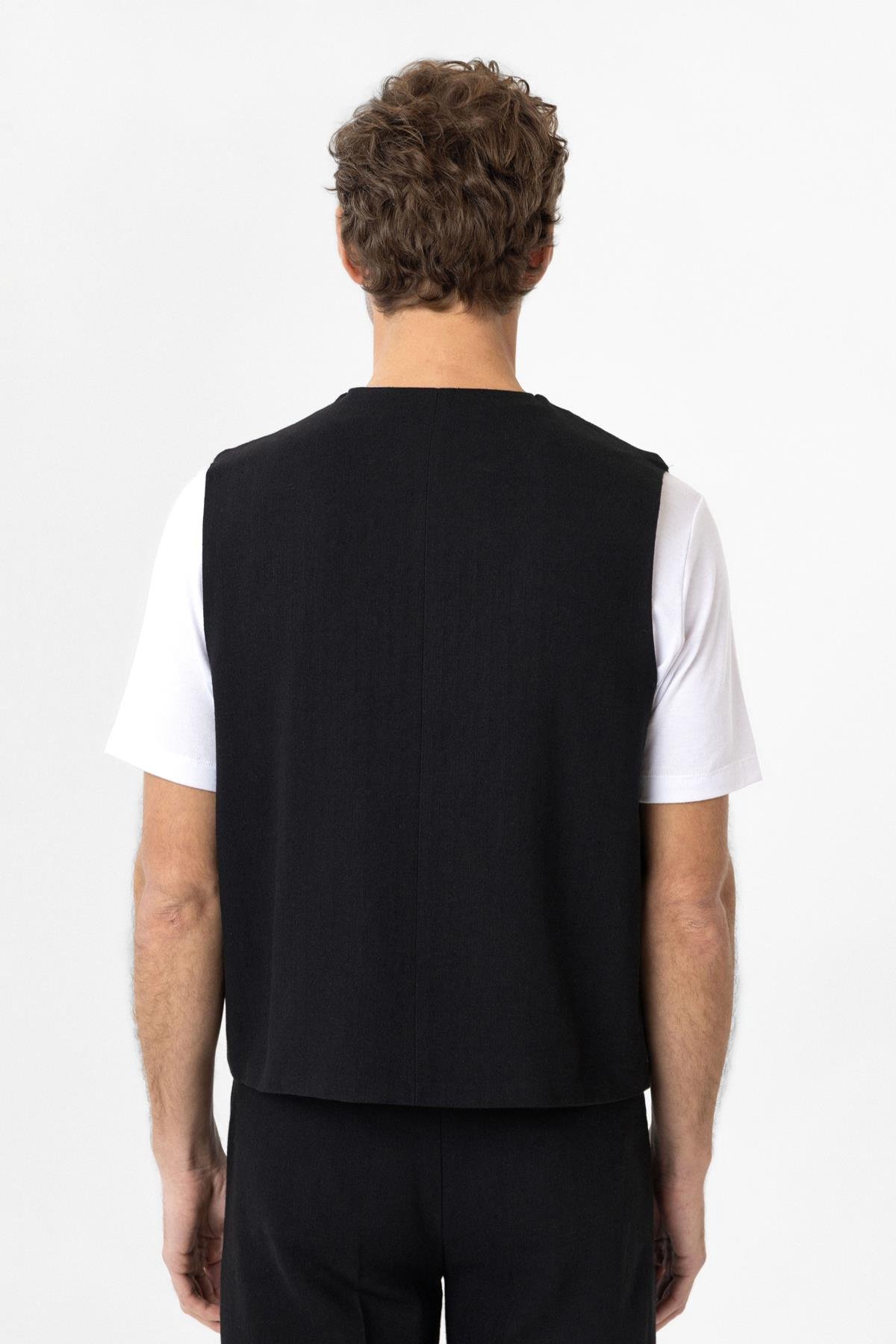 Antioch Siyah Relax Fit Keten Karışımlı Erkek Yelek