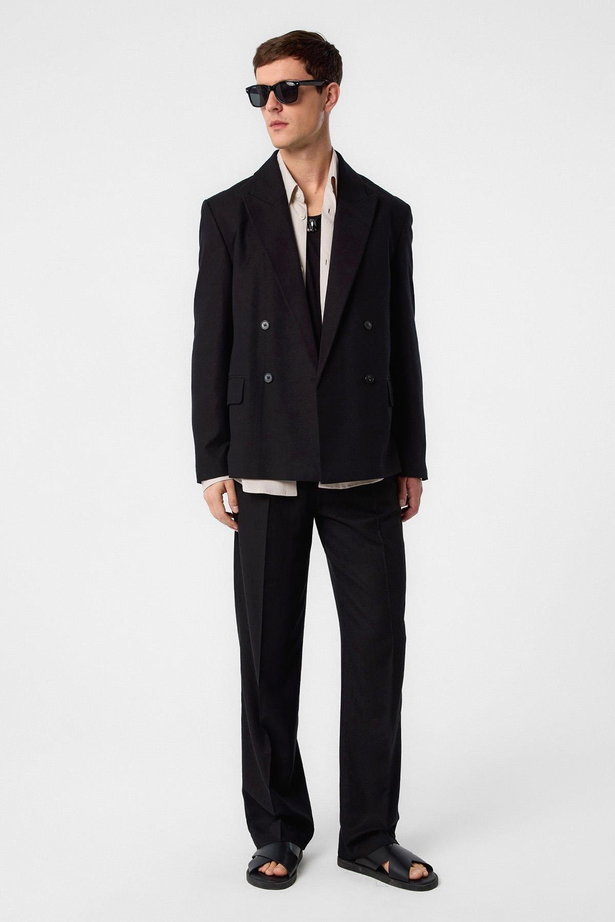 Antioch Siyah Relax Fit Keten Karışımlı Erkek Blazer Ceket