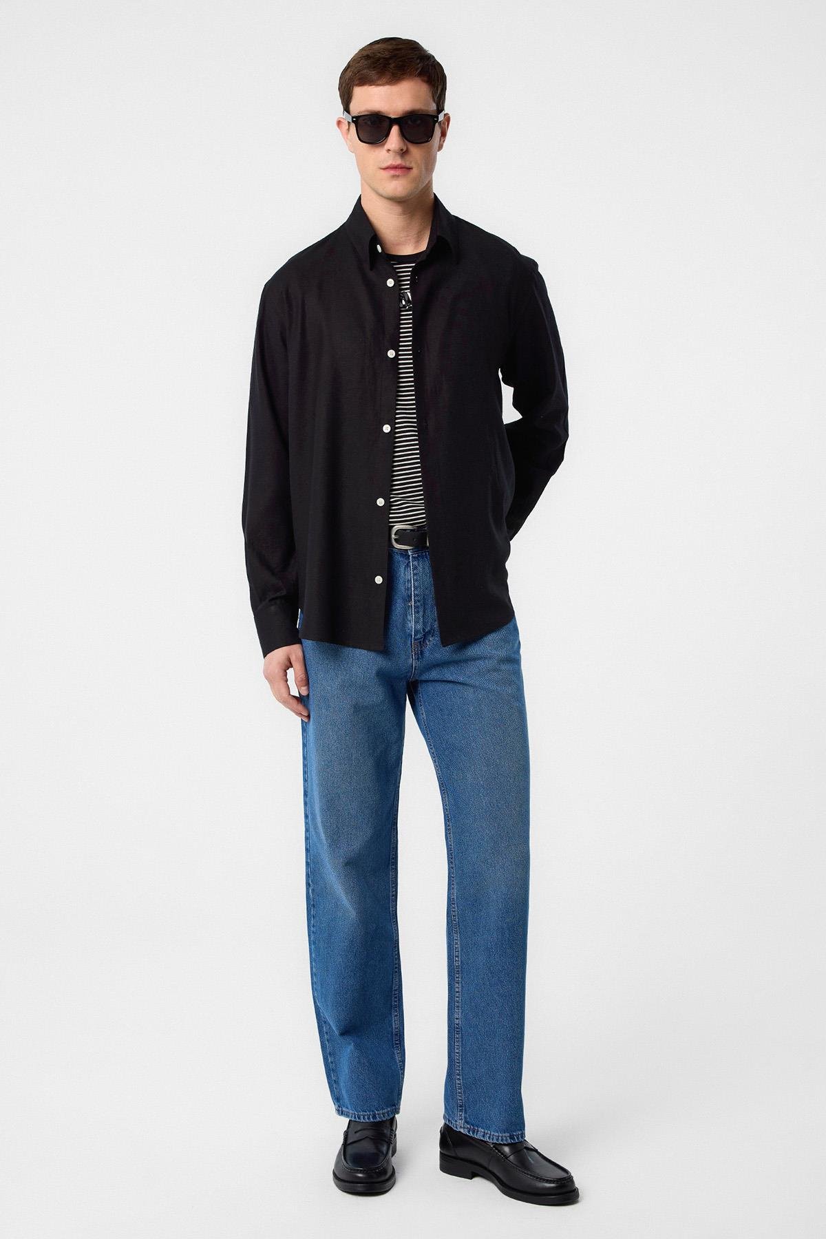 Antioch Siyah Relax Fit Keten Karışımlı Erkek Gömlek