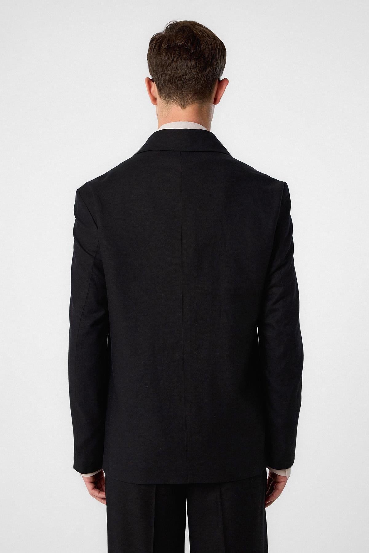 Antioch Siyah Relax Fit Keten Karışımlı Erkek Blazer Ceket