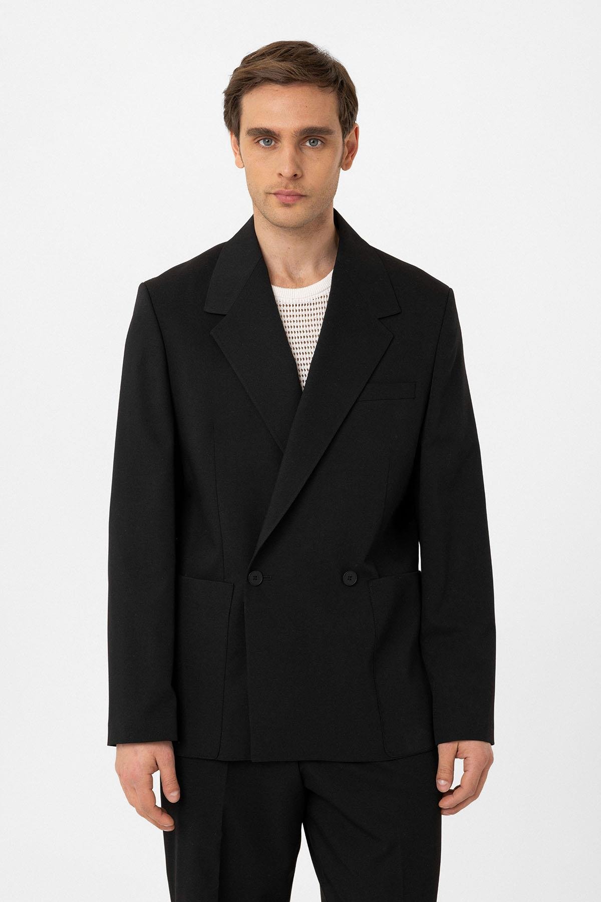 Antioch Siyah Relax Fit Kruvaze Kapama Erkek Teknik Blazer Ceket