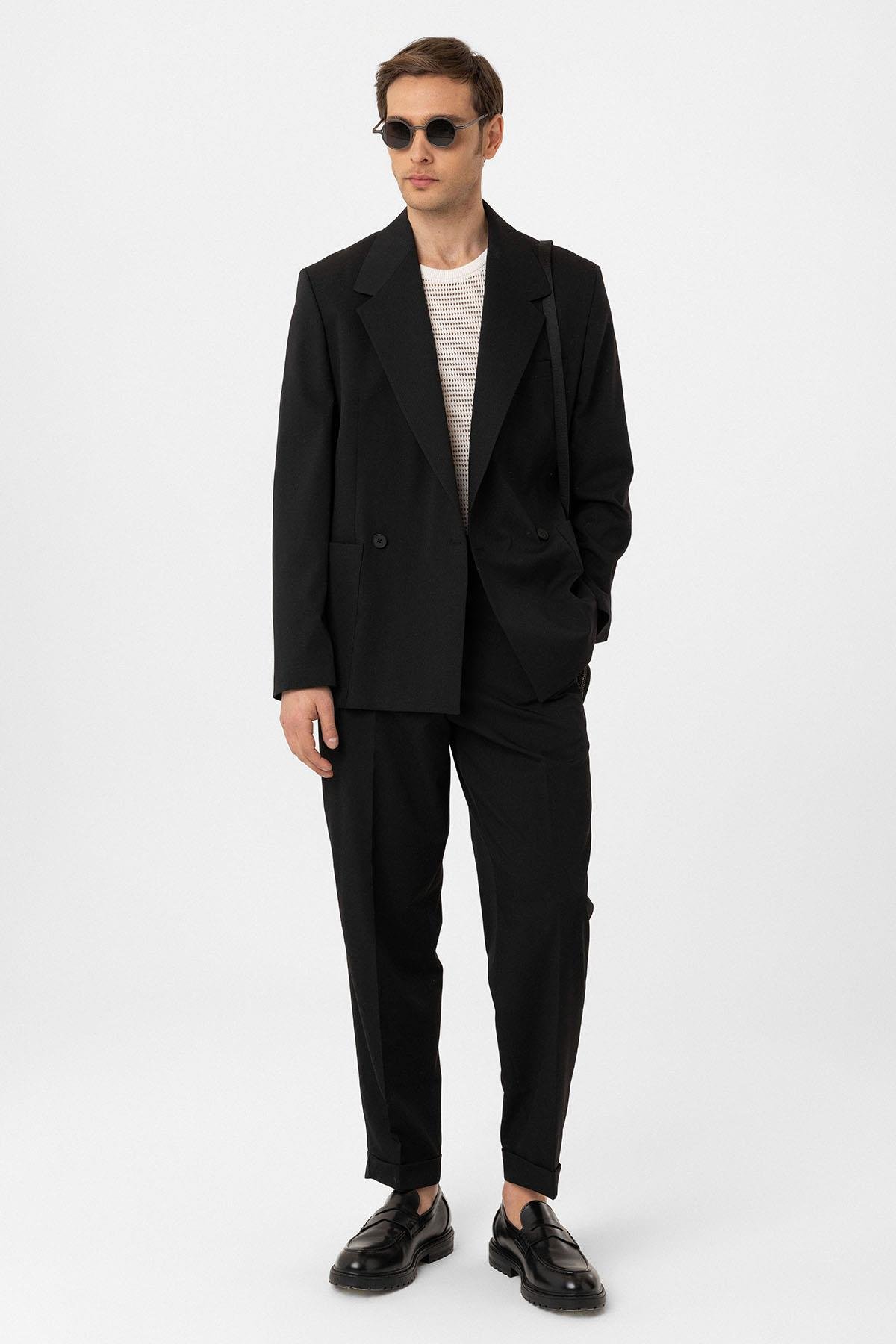 Antioch Siyah Relax Fit Kruvaze Kapama Erkek Teknik Blazer Ceket