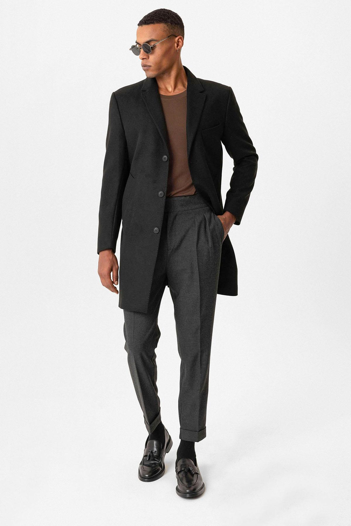Antioch Siyah Slim Fit Ceket Yaka Erkek Kaban