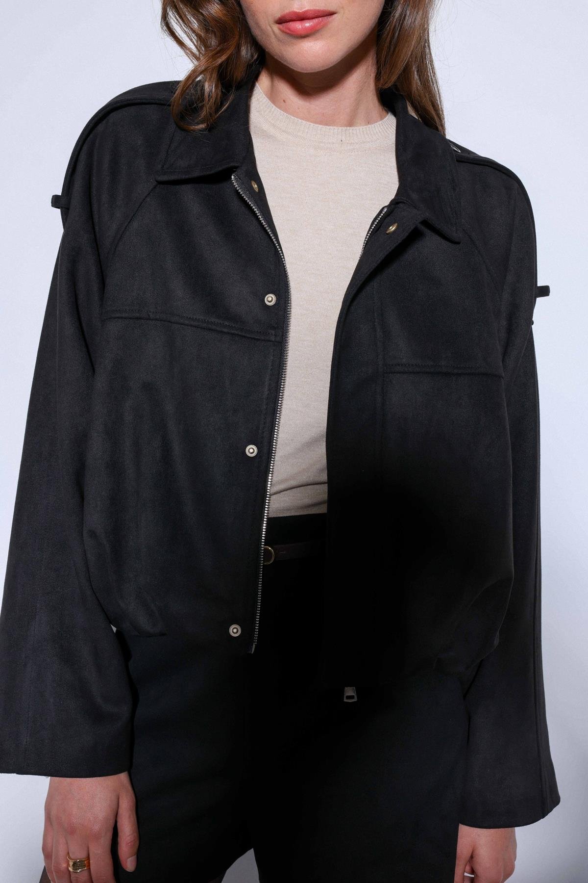 Antioch Siyah Süet Görünümlü Bomber Kadın Mont