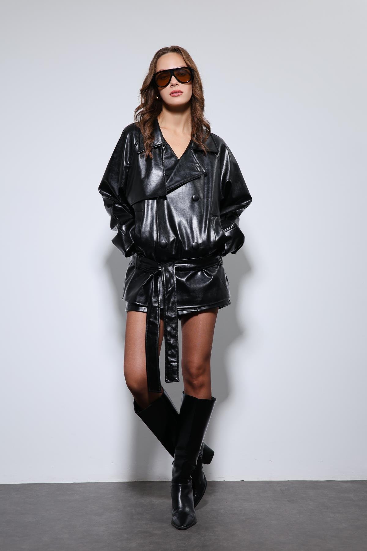 Antioch Siyah Suni Deri Kemerli Trençkot