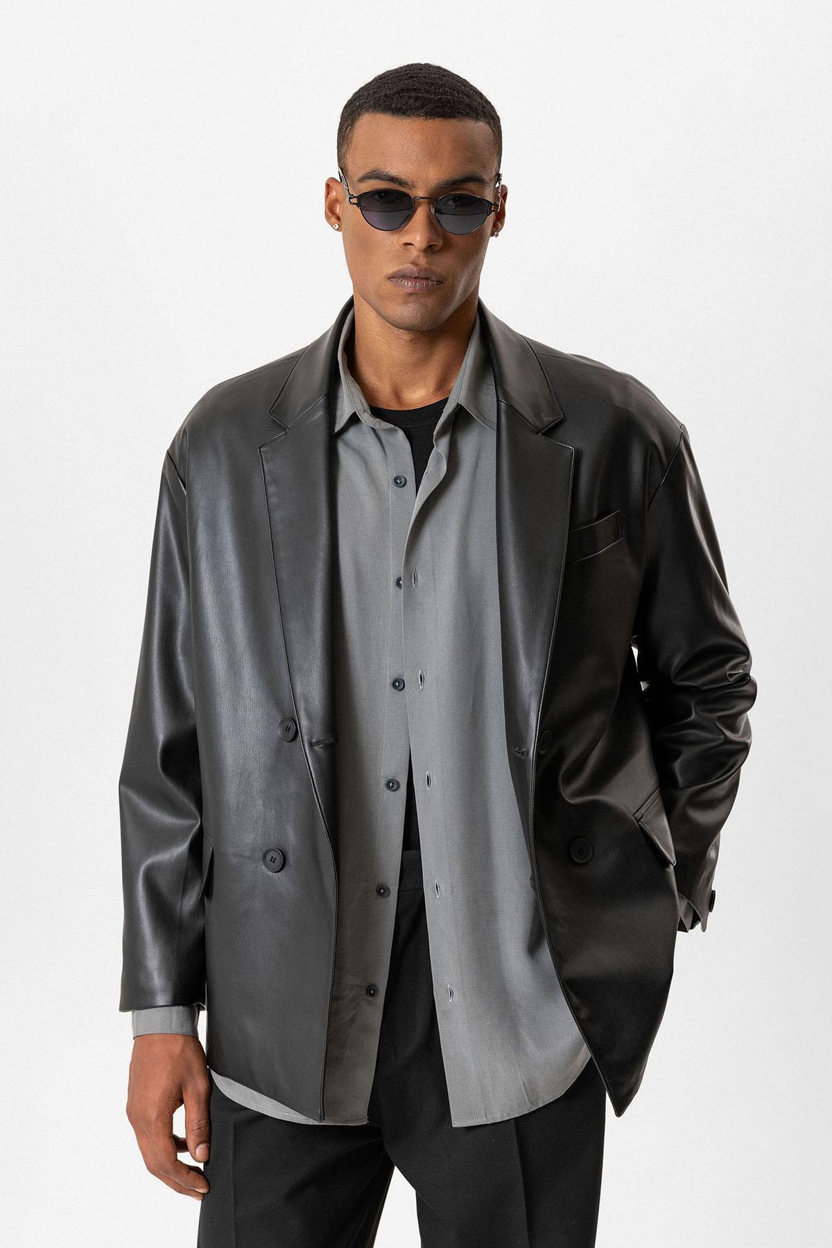 Antioch Siyah Suni Deri Kruvaze Erkek Ceket