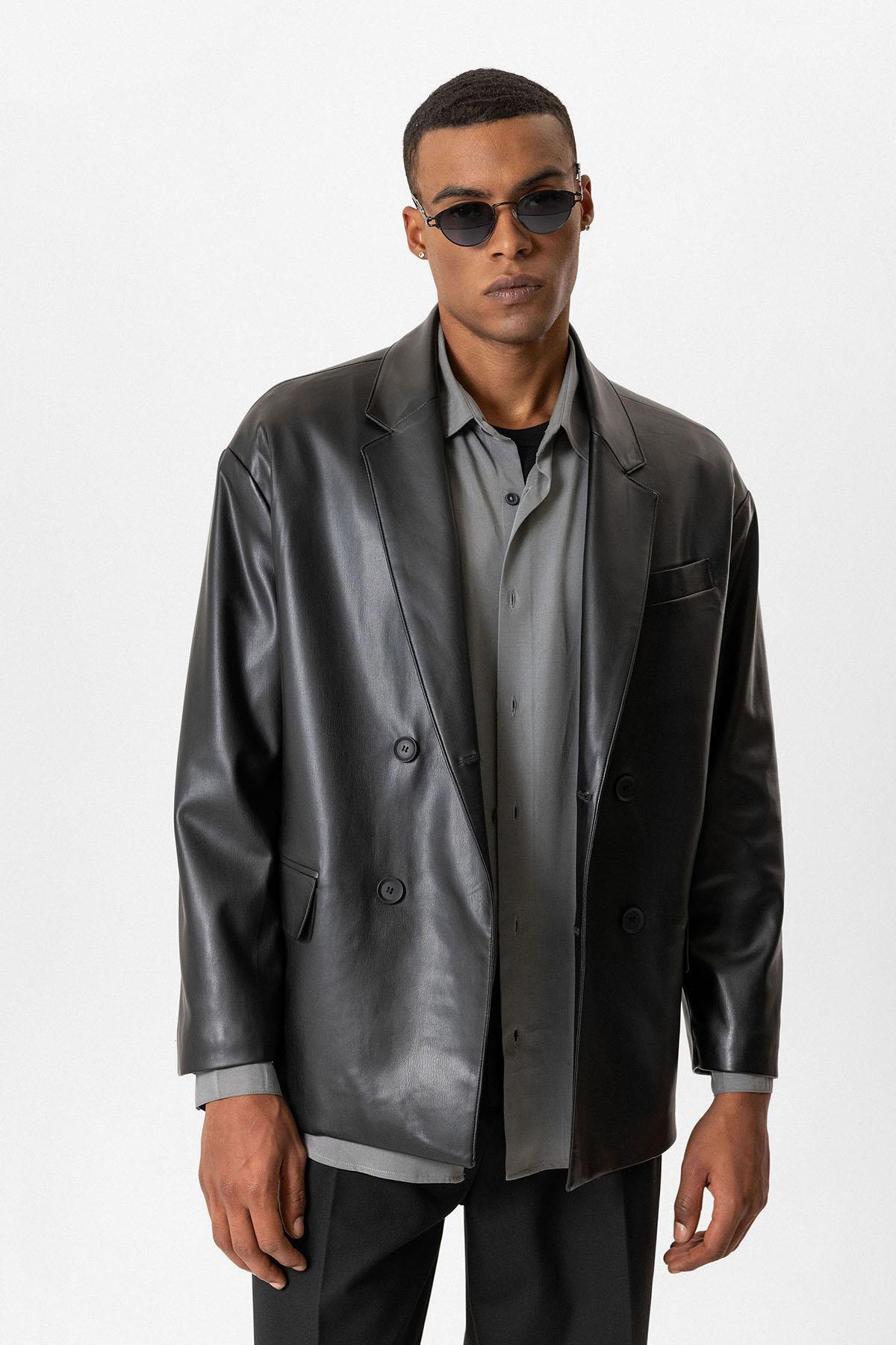 Antioch Siyah Suni Deri Kruvaze Erkek Ceket