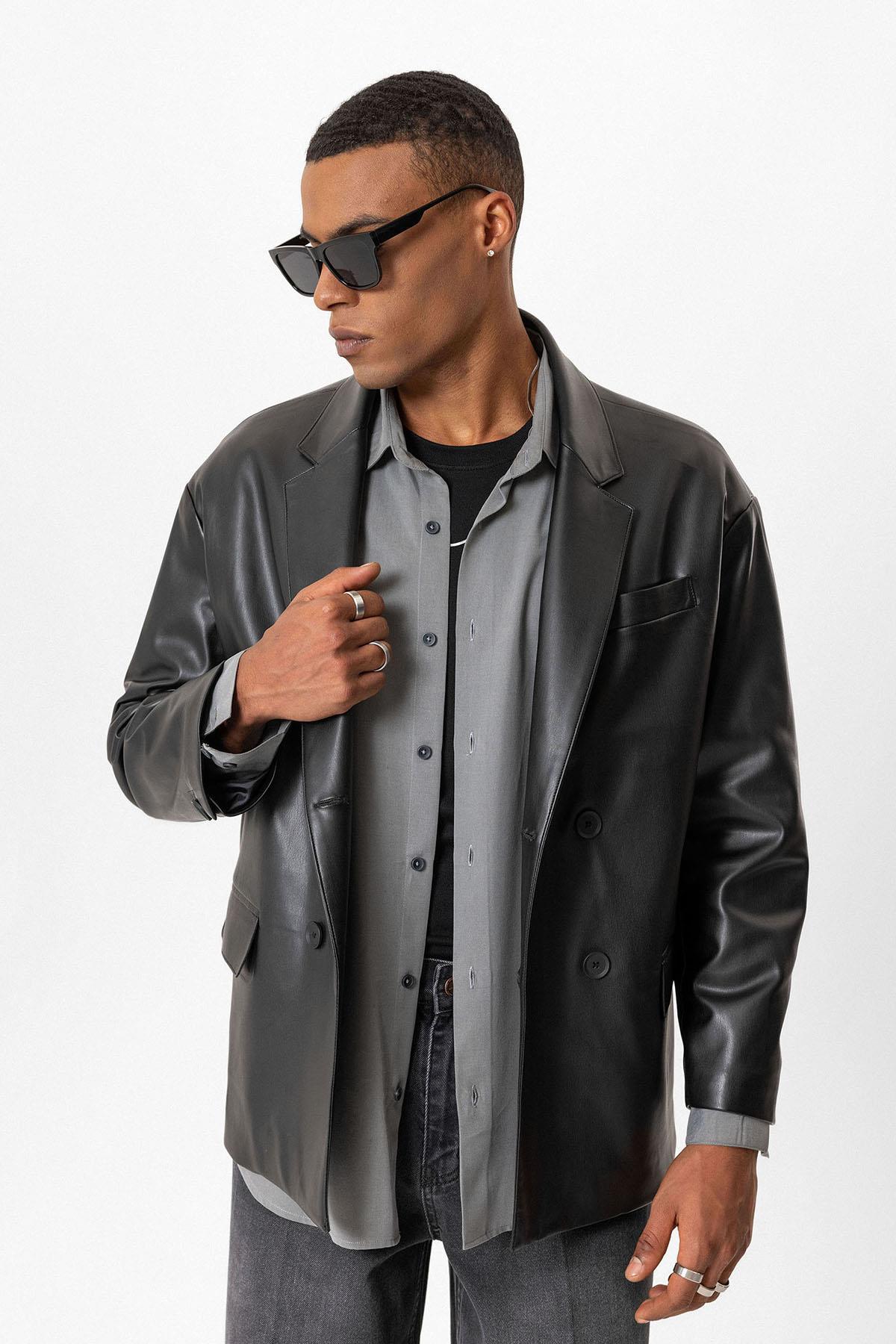 Antioch Siyah Suni Deri Kruvaze Erkek Ceket