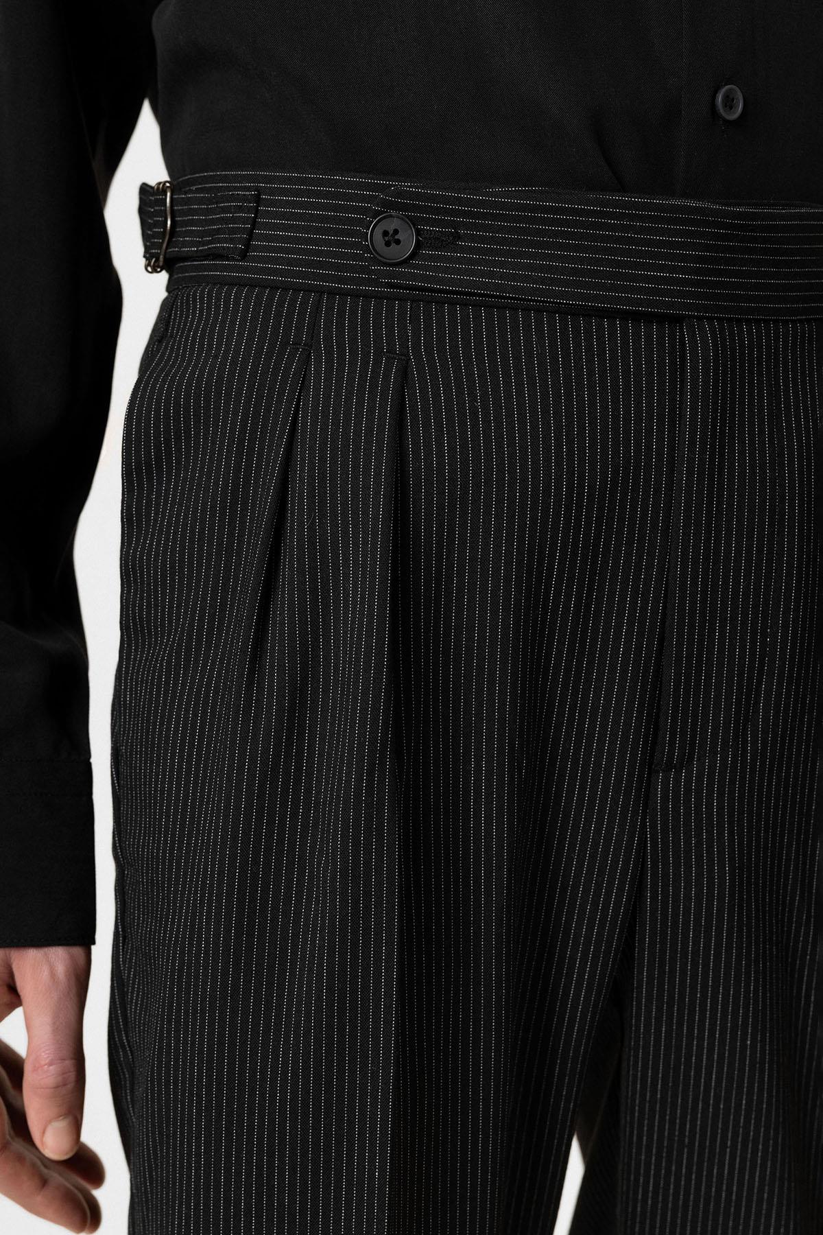 Antioch Siyah Yüksek Bel Çizgili Duble Paça Erkek Pantolon