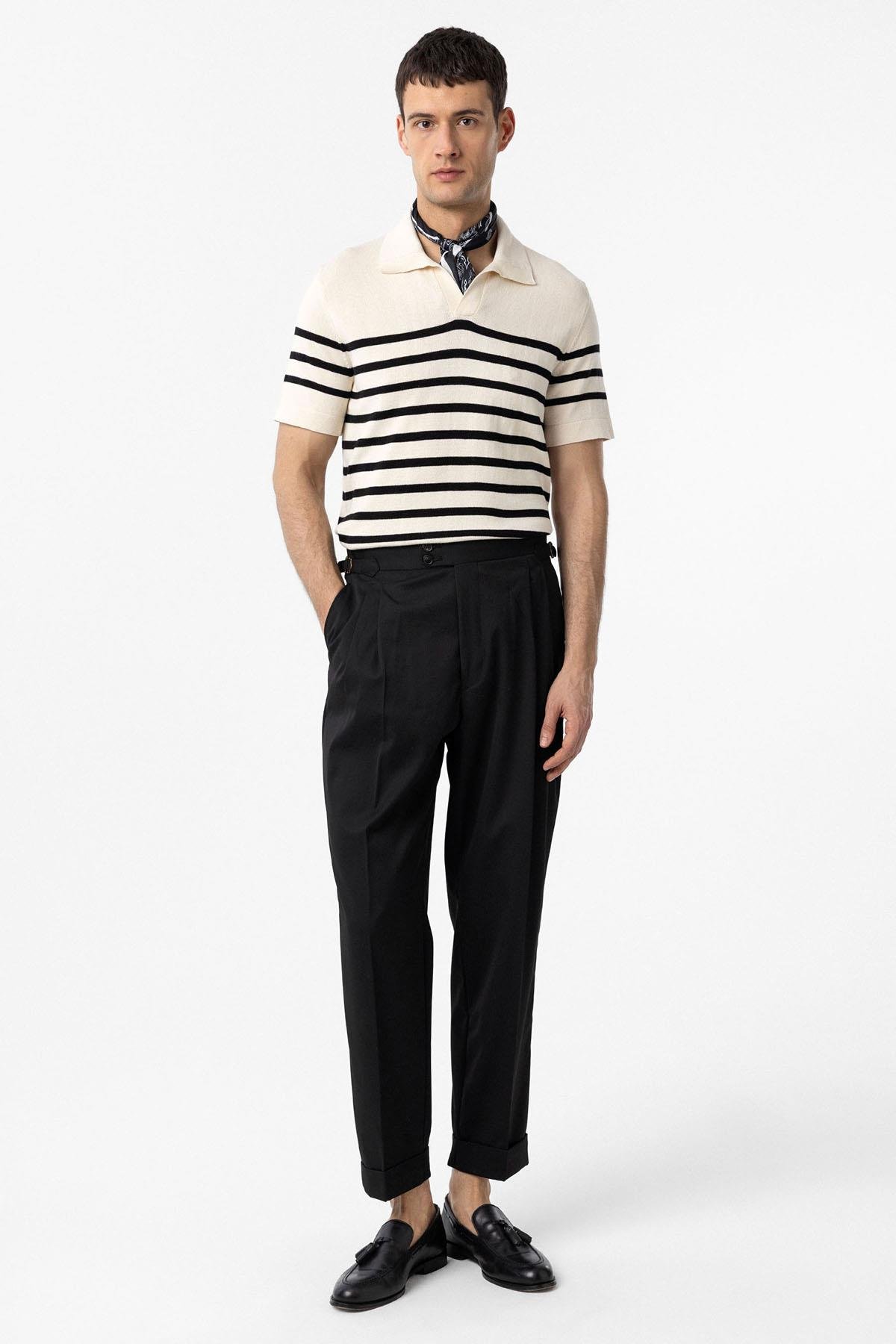 Antioch Siyah Yüksek Bel İtalyan Kalıp Pileli Erkek Pantolon