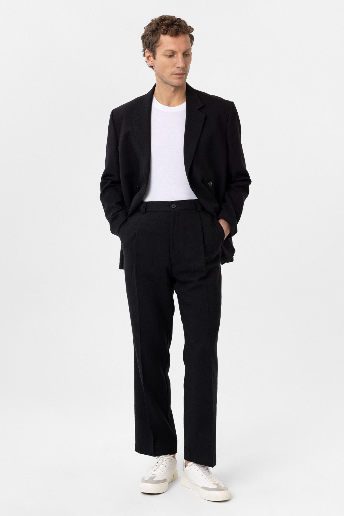 Antioch Siyah Yüksek Bel Keten Karışımlı Erkek Pantolon