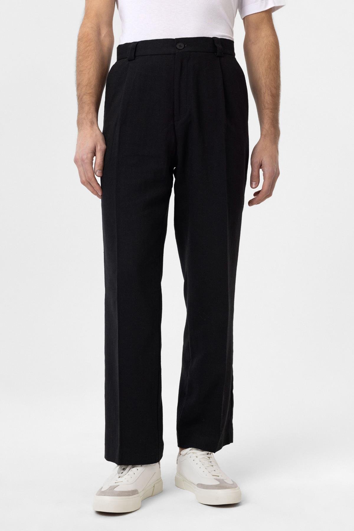 Antioch Siyah Yüksek Bel Keten Karışımlı Erkek Pantolon