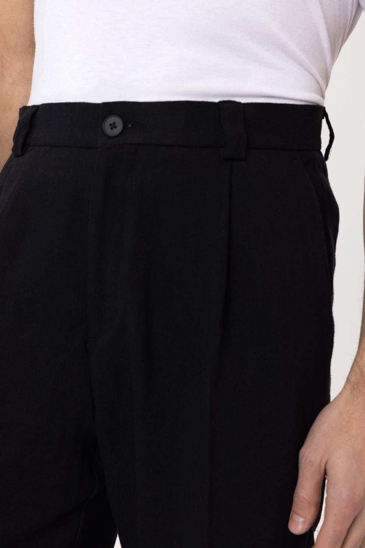 Antioch Siyah Yüksek Bel Keten Karışımlı Erkek Pantolon