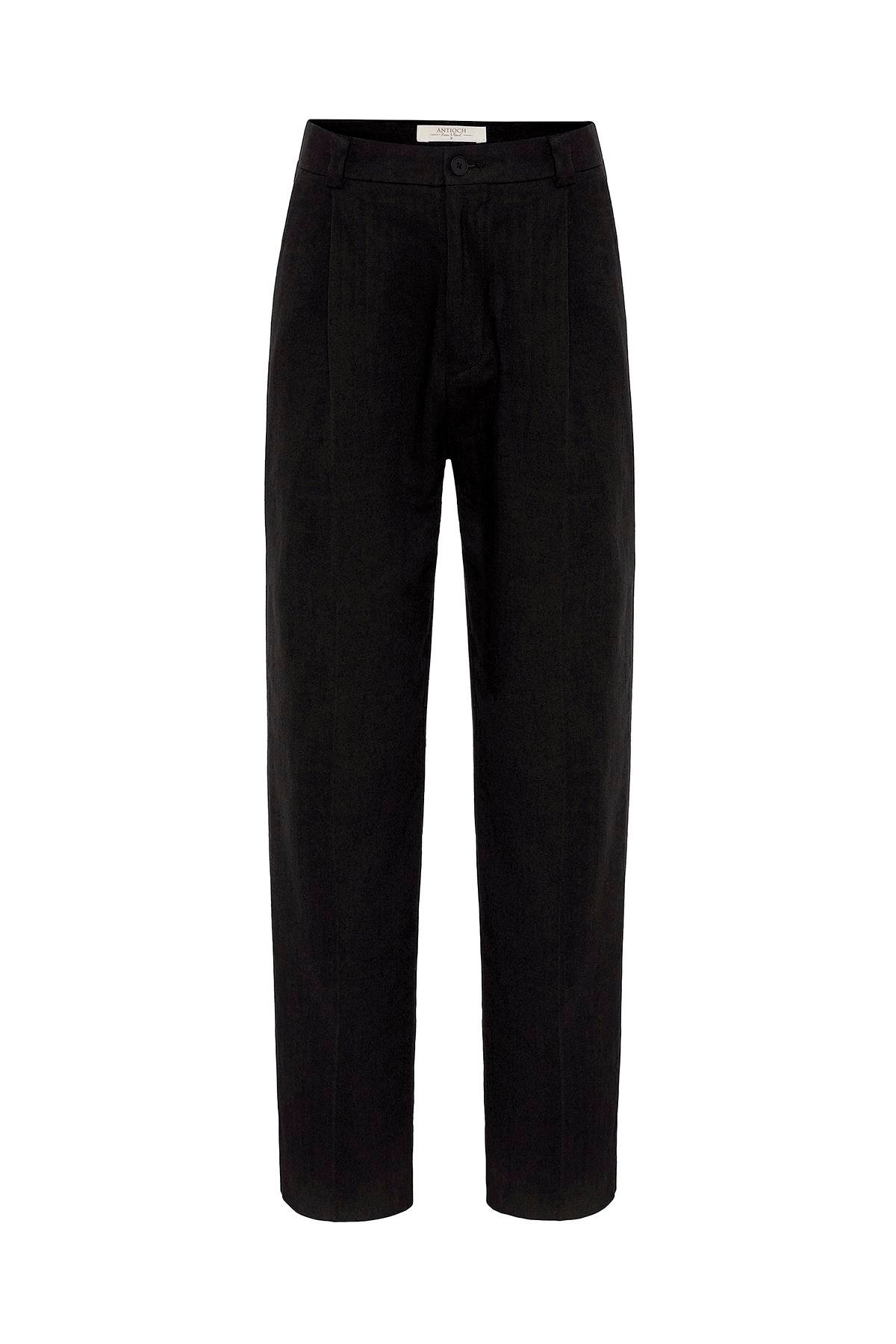 Antioch Siyah Yüksek Bel Keten Karışımlı Erkek Pantolon