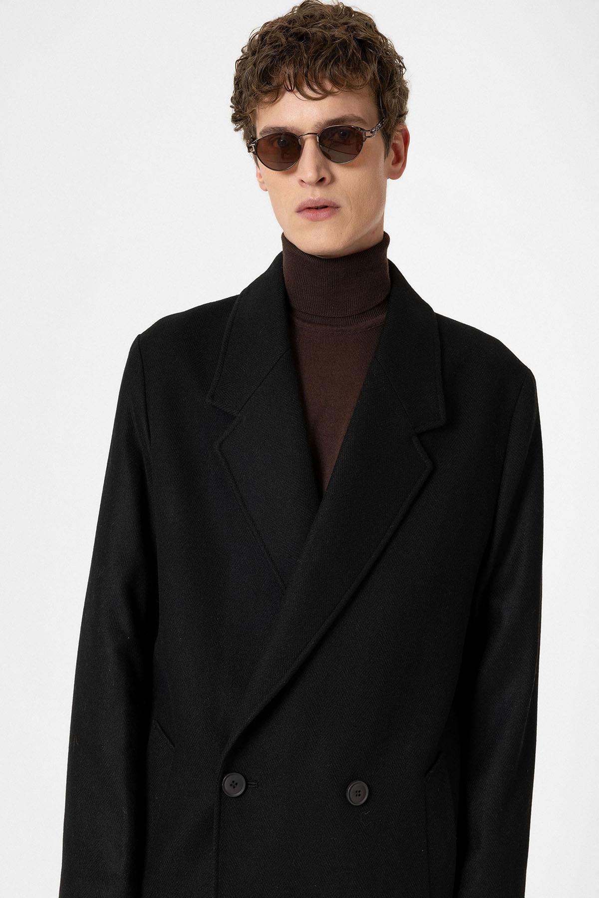 Antioch Siyah Yün Karışımlı Balıksırtı Kruvaze Erkek Kaban