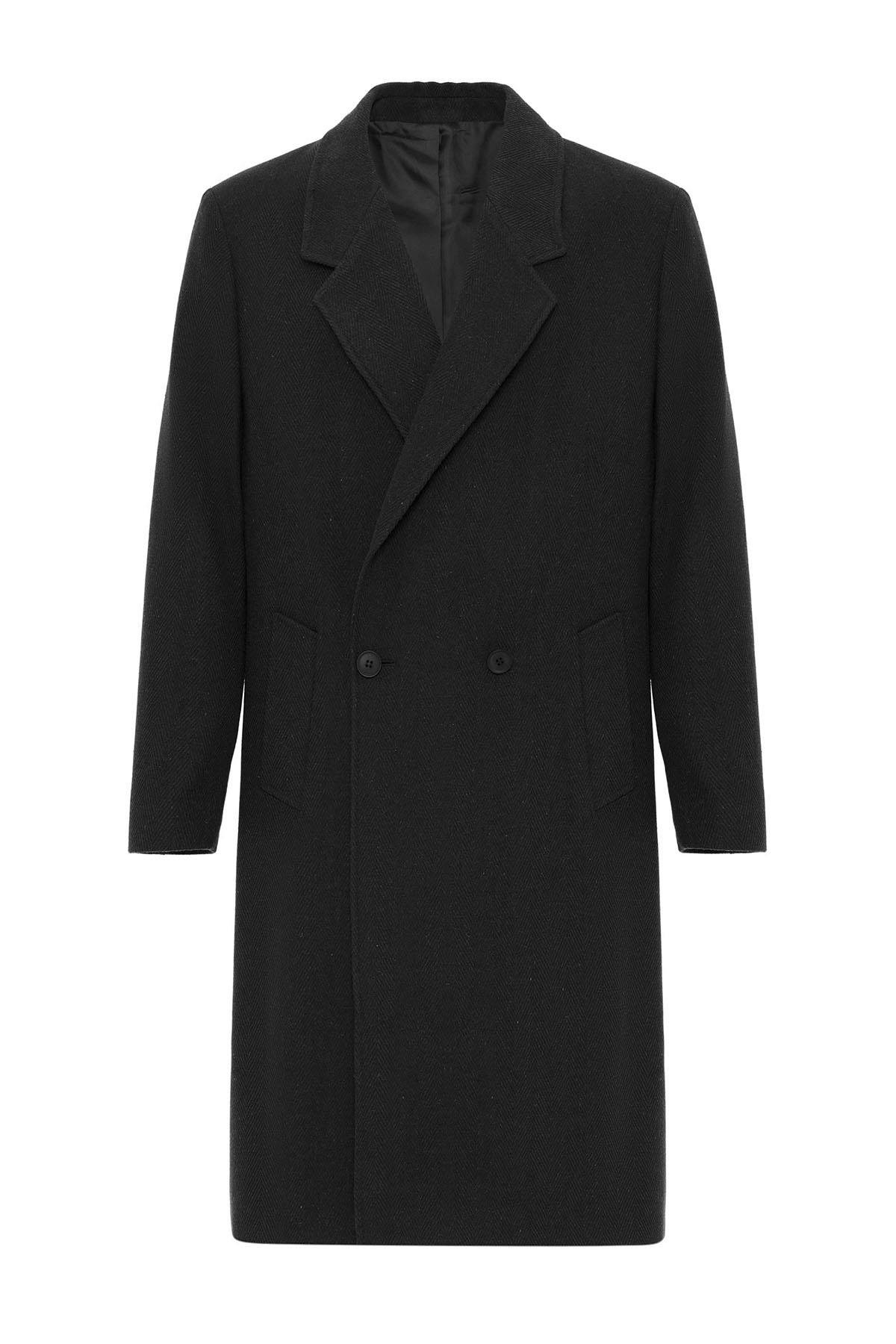 Antioch Siyah Yün Karışımlı Balıksırtı Kruvaze Erkek Kaban