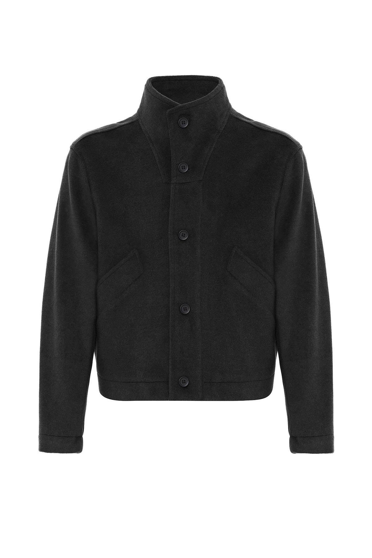 Antioch Siyah Yün Karışımlı Dik Yaka Erkek Mont