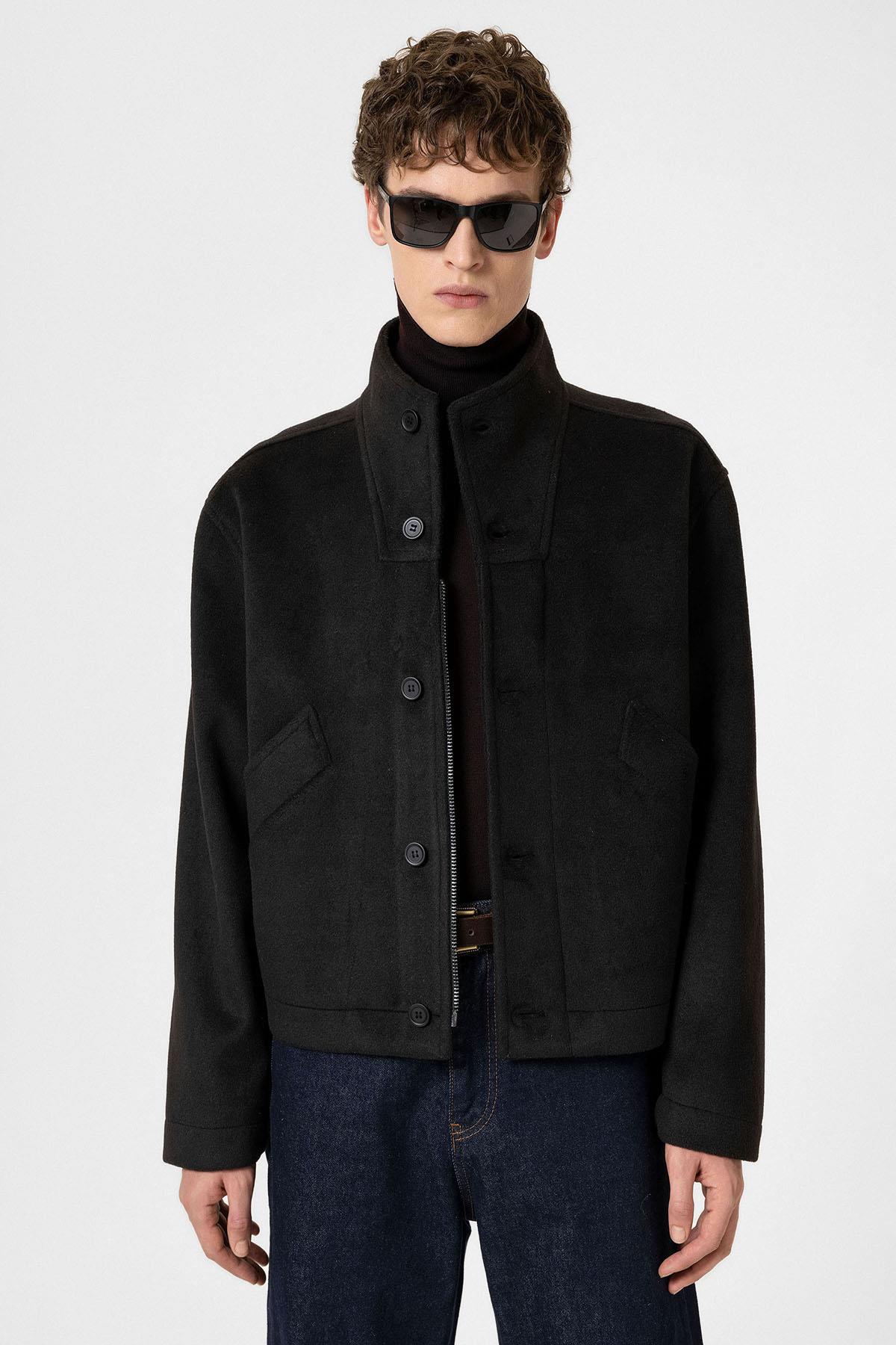 Antioch Siyah Yün Karışımlı Dik Yaka Erkek Mont