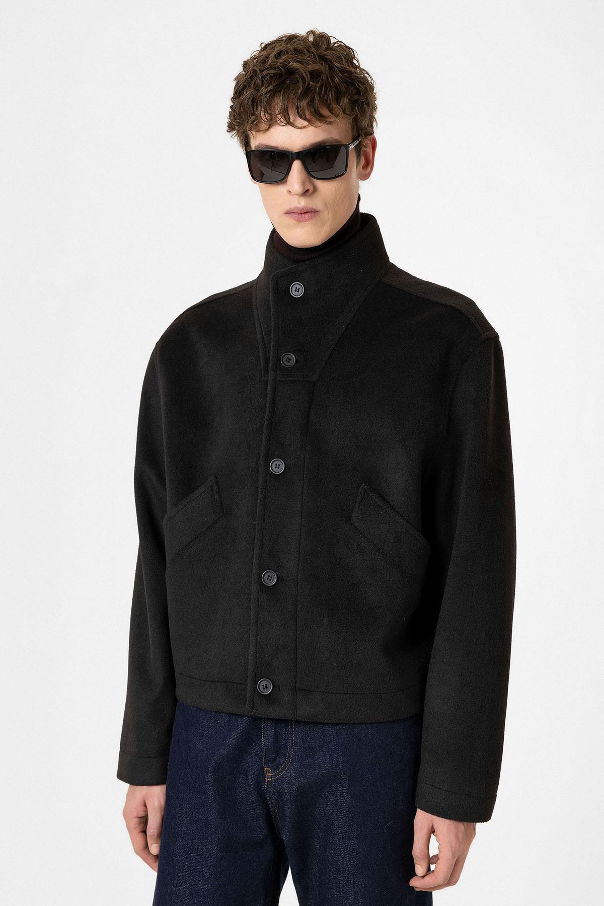 Antioch Siyah Yün Karışımlı Dik Yaka Erkek Mont