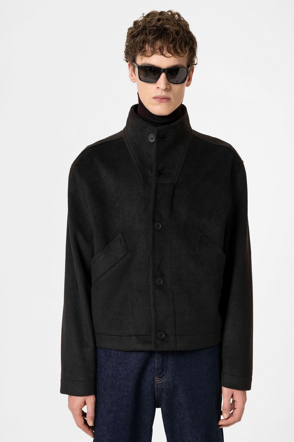 Antioch Siyah Yün Karışımlı Dik Yaka Erkek Mont