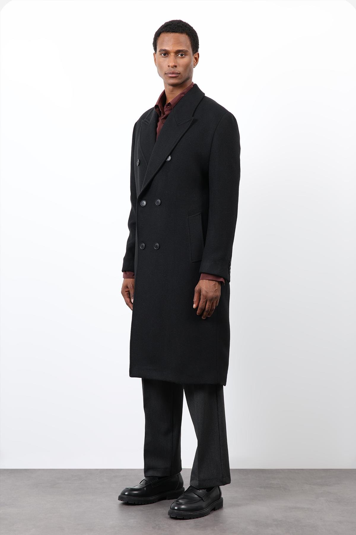 Antioch Siyah Yün Karışımlı Kruvaze Erkek Kaban