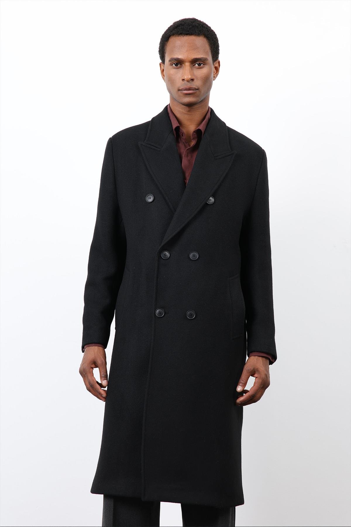 Antioch Siyah Yün Karışımlı Kruvaze Erkek Kaban