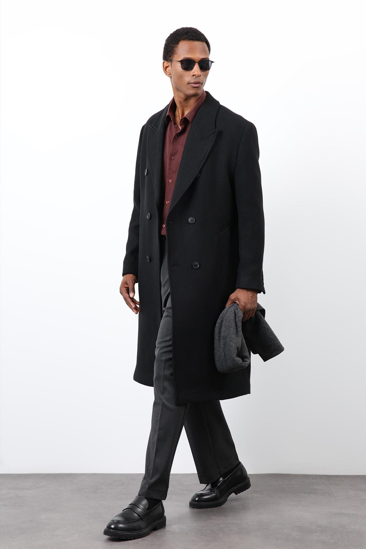 Antioch Siyah Yün Karışımlı Kruvaze Erkek Kaban