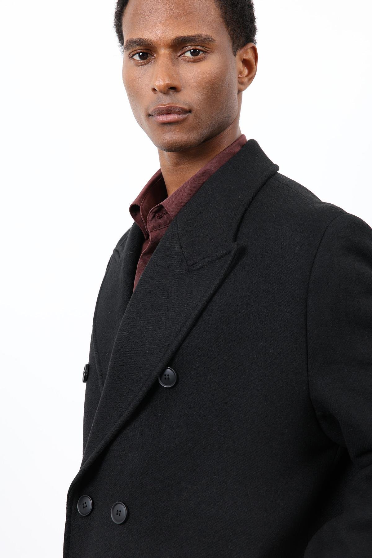 Antioch Siyah Yün Karışımlı Kruvaze Erkek Kaban