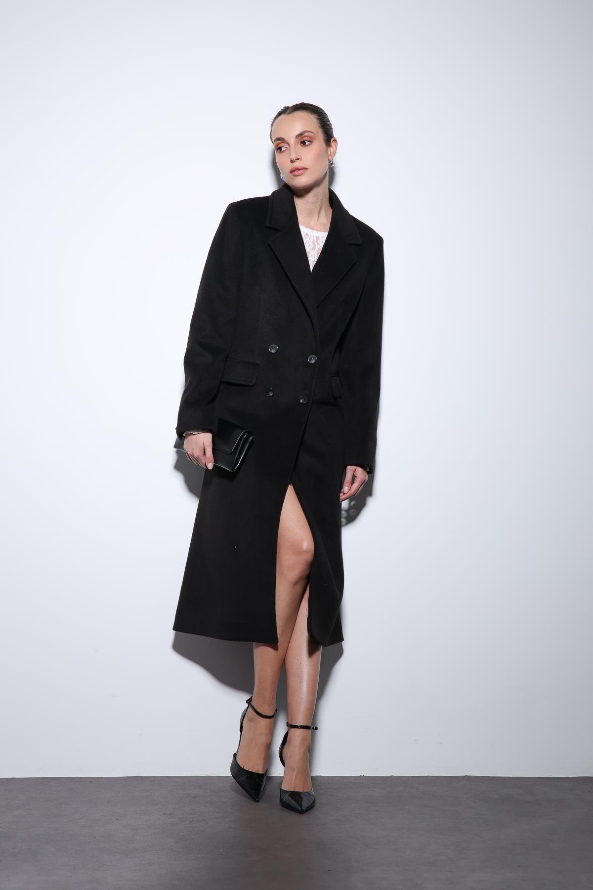 Antioch Siyah Yün Karışımlı Kruvaze Kadın Kaban