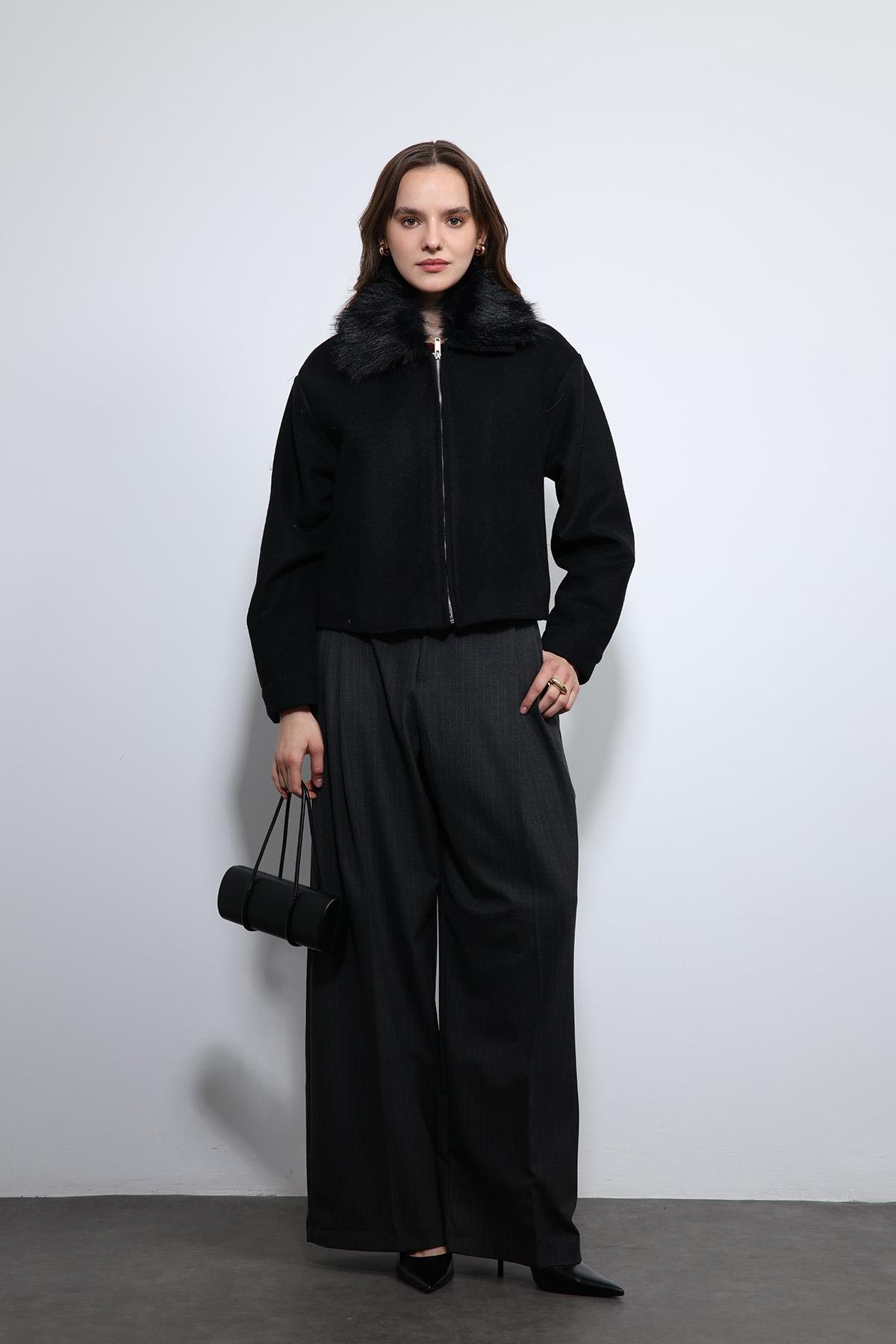 Antioch Siyah Yün Karışımlı Suni Kürk Yaka Ceket