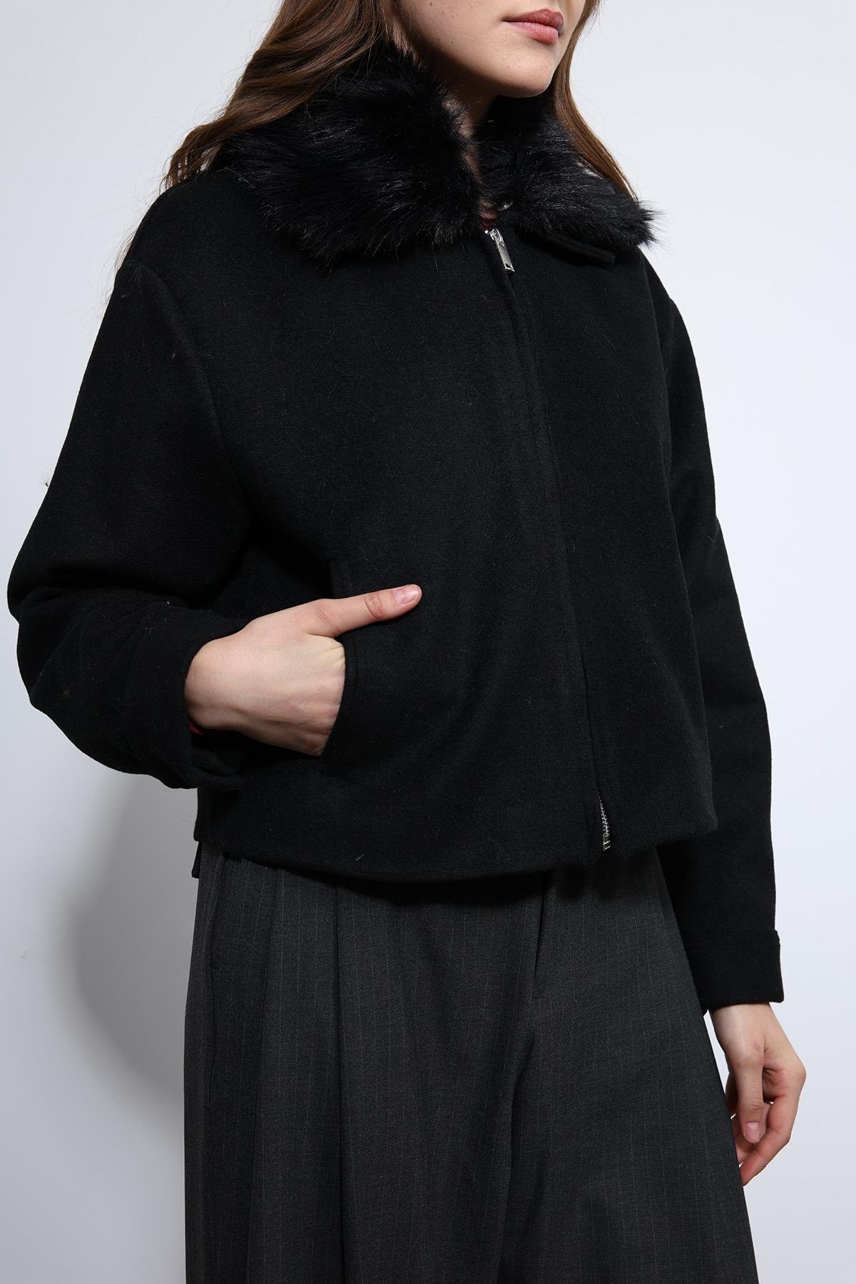 Antioch Siyah Yün Karışımlı Suni Kürk Yaka Ceket