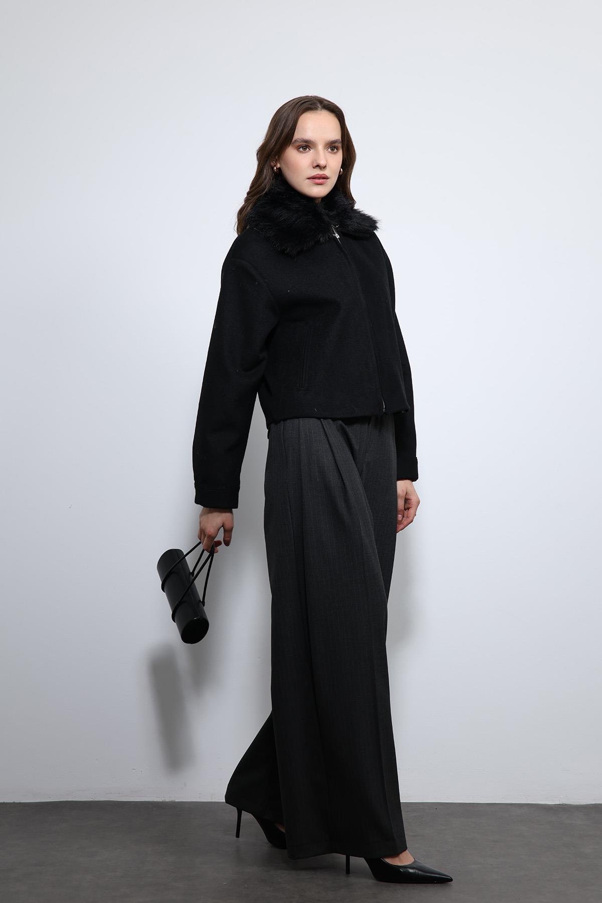 Antioch Siyah Yün Karışımlı Suni Kürk Yaka Ceket