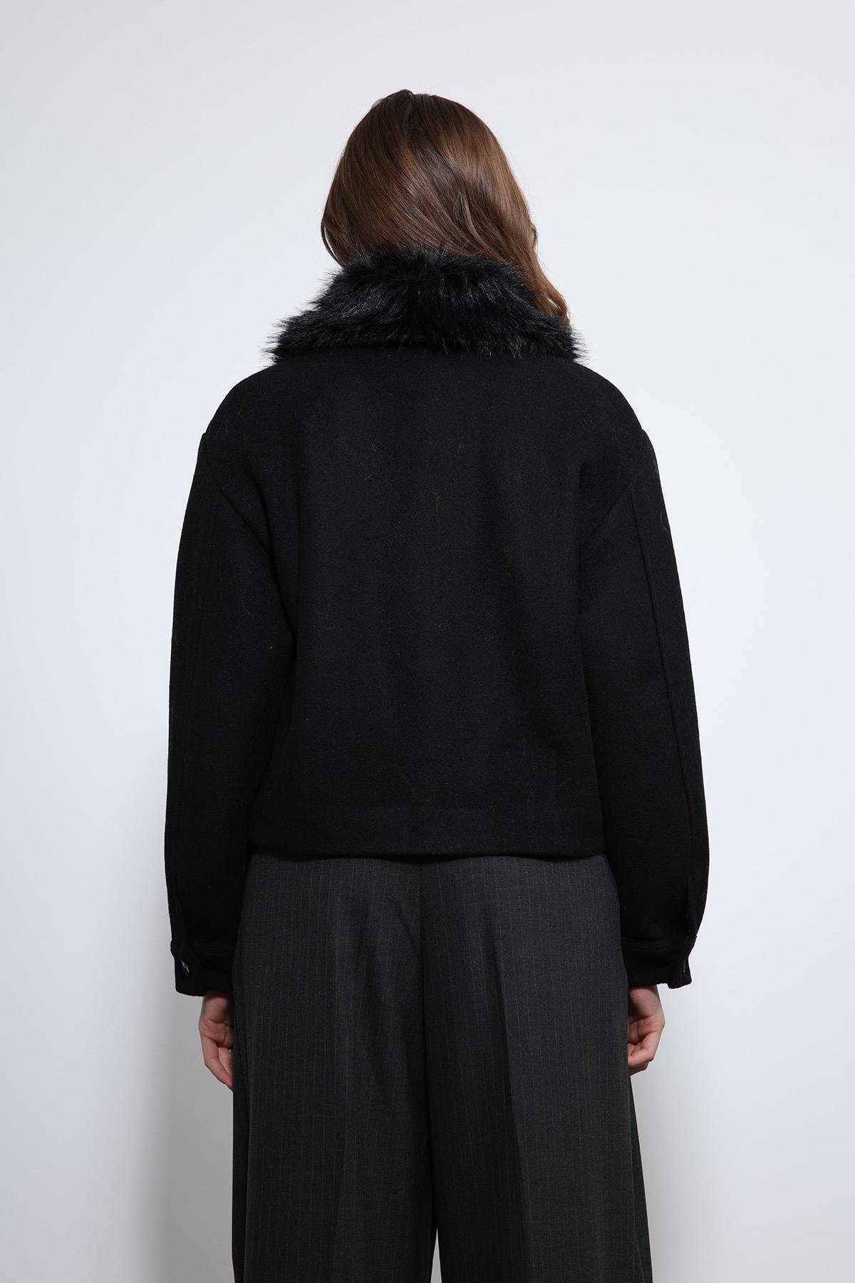 Antioch Siyah Yün Karışımlı Suni Kürk Yaka Ceket